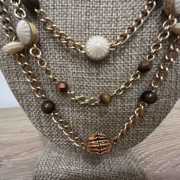 MONET triple strand goldtone necklace with brown & cream beads - Picture 3 of 6